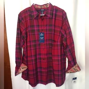 Chaps No Iron Button Up Shirt Womens 2X Purple Plaid Paisley Cuff Preppy NWT